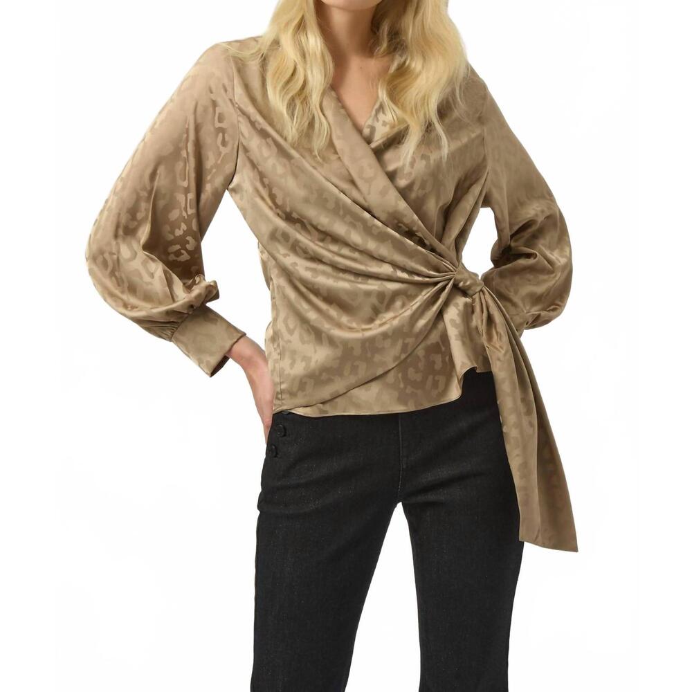 NEW JOSEPH RIBKOFF jacquard satin animal print wrap top in taupe